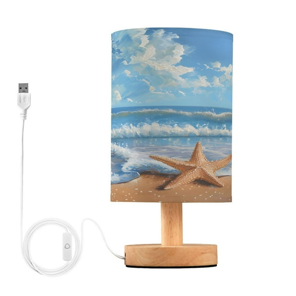 Sea Stars Beach Sky Landscape Bedside Table Lamp Desk Warm Lights with USB Charging Port Cylinder LED Lamps for Bedroom Living Room Office