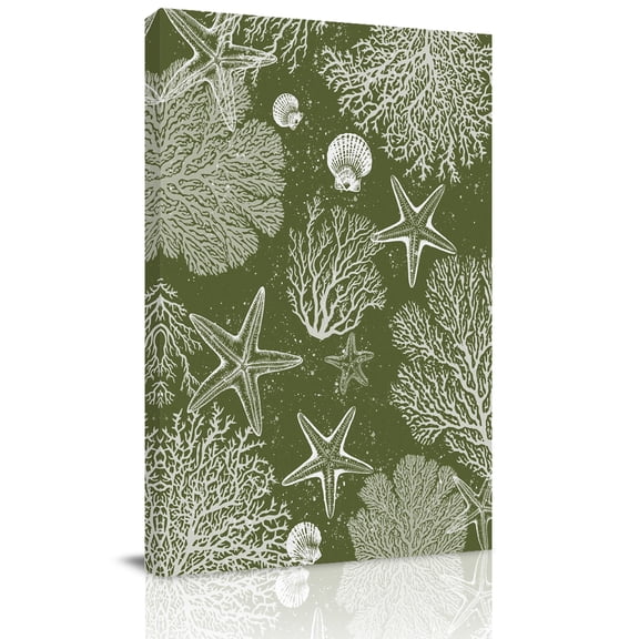 Sea Stars Canvas Wall Art for Living Room, Retro Corals Shells Sea Stars Sage Green Wall Decor Framed Artwork Pictures Ready to Hang for Bedroom Office Home Decor