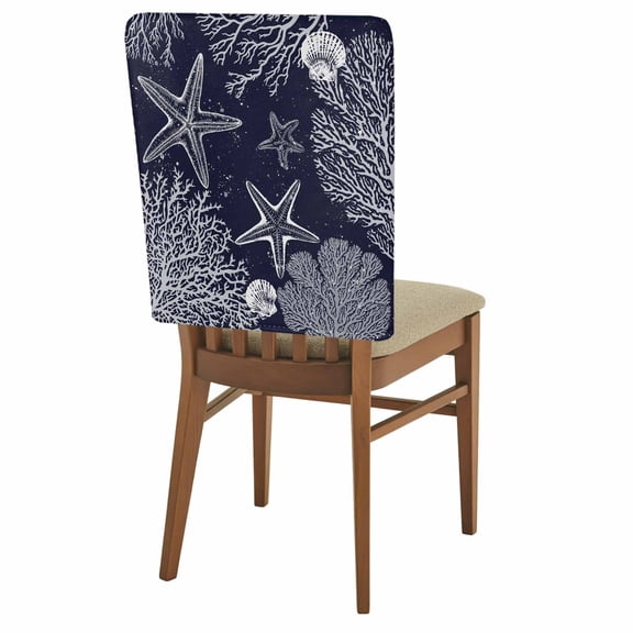 Sea Stars Chair Back Covers Set of 1, Retro Corals Shells Sea Stars Navy Blue Stretch Dining Chair Back Slipcovers Removable Seat Cover for Kitchen Restaurant Hotel Cafe