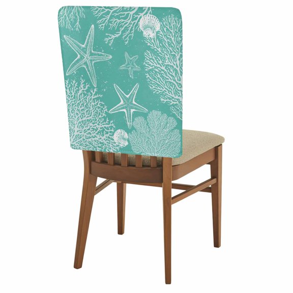 Sea Stars Chair Back Covers Set of 6, Retro Corals Shells Sea Stars Mint Green Stretch Dining Chair Back Slipcovers Removable Seat Cover for Kitchen Restaurant Hotel Cafe