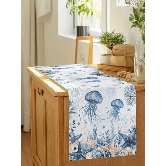 Sea Stars Corals Jellyfish Table Runner 36 Inches Long,Kitchen Dining Tablerunners Underwater World Shellfish Linen Table Runners Dresser Scarves for Home Dinner Wedding Holiday Party Decor