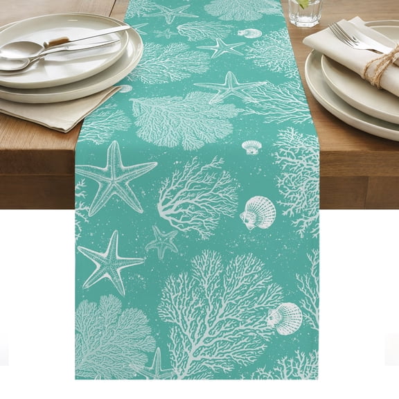Sea Stars Cotton Linen Table Runner Retro Corals Shells Sea Stars Mint Green Dining Table Runners for Home Decor Party Dining Room Restaurant Kitchen Party 13" x 60"