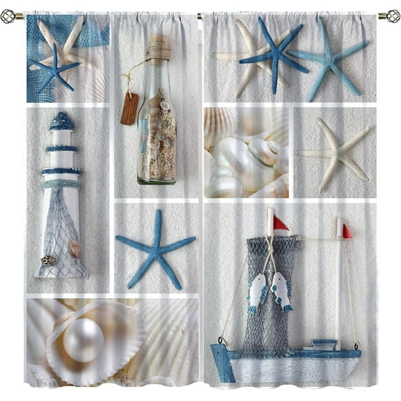 Sea Stars Curtains,Vintage Patchwork Sea Animals Lighthouse Coral Shells Pearls Farmhouse Coral Ocean Beach Themed Rod Pocket Window Curtains for Home Decor 21x63in,2 Panel Set