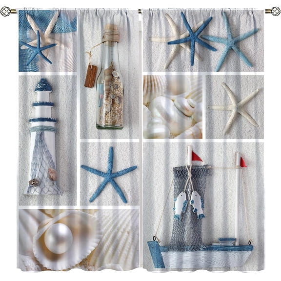 Sea Stars Curtains,Vintage Patchwork Sea Animals Lighthouse Coral Shells Pearls Farmhouse Coral Ocean Beach Themed Rod Pocket Window Curtains for Home Decor 21x54in,2 Panel Set