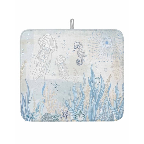 Sea Stars Jellyfish Dish Drying Mats for Kitchen Counter,Absorbent Microfiber Dish Drainer Rack Mat Marine Life on Retro Paper Drying Pad for Sinks,Utensils,Countertops,16x18in