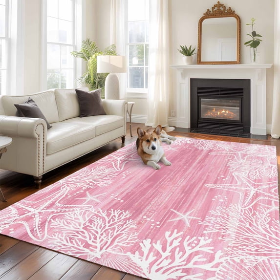 Sea Stars Large Area Rugs 8x10 ft Summer Beach Sea Star Coral Pink Texture Washable Rug Non Slip Indoor Carpet Absorbent Floor Mat for Living Room Bedroom Dining Room