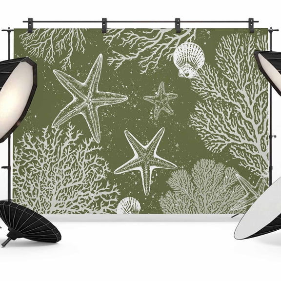 Sea Stars Photography Backdrop 7x5FT, Retro Corals Shells Sea Stars Sage Green Photo Backdrops, Background for Photography Studio Photo Studio Background, Back Drop for Photoshoot
