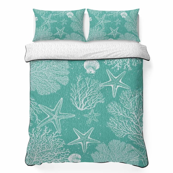 Sea Stars Queen Quilt Bedding Set, Retro Corals Shells Sea Stars Mint Green Lightweight Comforter with 2 Pillow Shams Bedroom Bedspread Set Home Decor for All Seasons