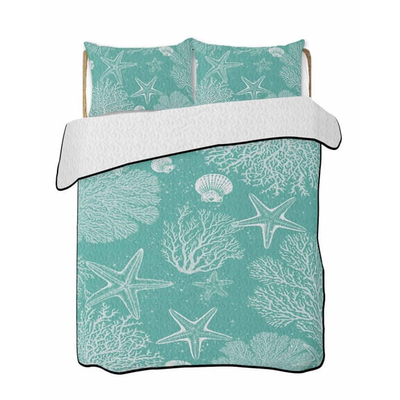 Sea Stars Quilts Bedding Set California King Retro Corals Shells Sea Stars Mint Green Lightweight Quilted Bedspread 3 Piece Bed Quilt with 2 Pillow Shams All Season for Bedroom 96" x 106"