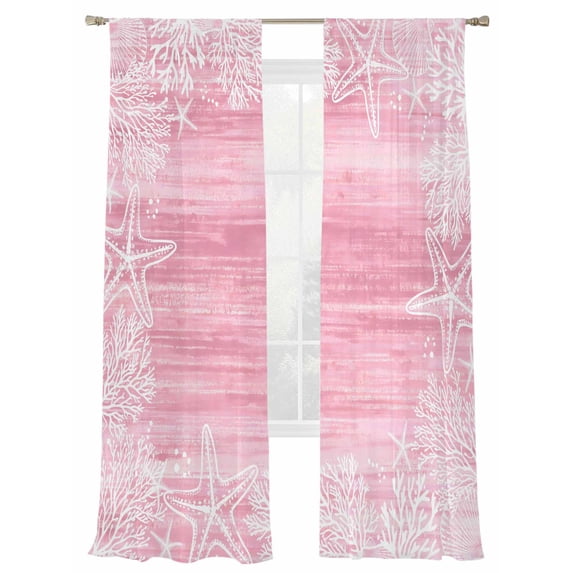 Sea Stars Sheer Curtains 84 Inch Long 2 Panels, Summer Beach Sea Star Coral Pink Texture Light Filtering Rod Pocket Curtains, Sheer Voile Drapes for Living Room Bedroom, 52"x84"
