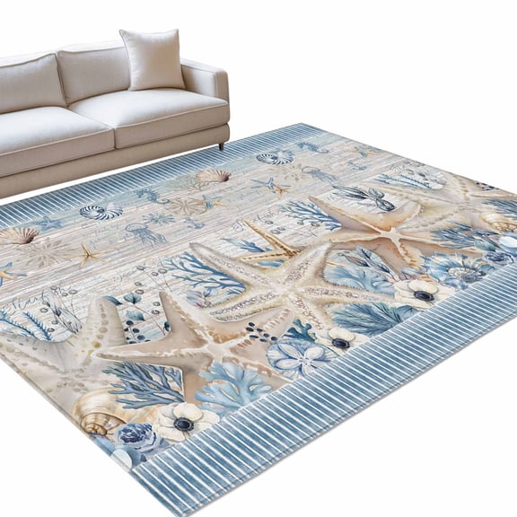 Sea Stars Shell Area Rugs 6x9ft Retro Sea Stars Jellyfish Floral Beige Stripes Floor Rug&nbsp;Non Slip Low Pile Ultra Soft Throw Carpet for Entryway Indoor Entrance Kitchen Bathroom