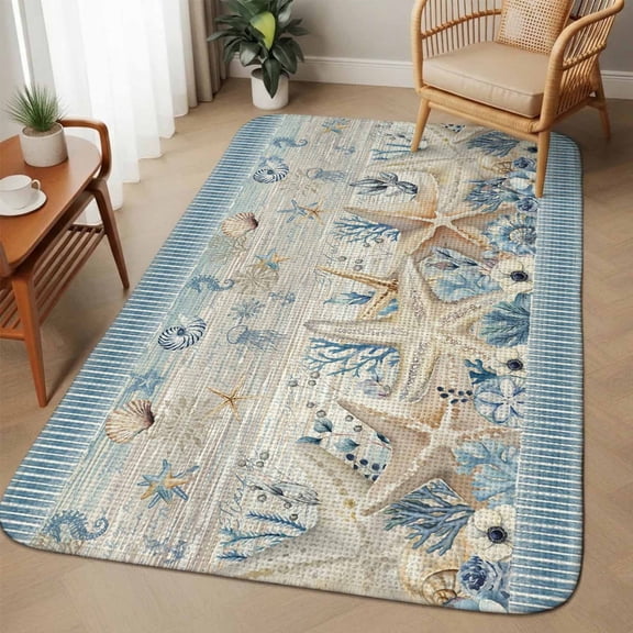 Sea Stars Shell Area Rugs for Living Room 5x6, Retro Sea Stars Jellyfish Floral Beige Stripes Washable Area Rug with Non Slip Backing, Stain Resist Linen Carpet for Bedroom, Dining Room, Entrance