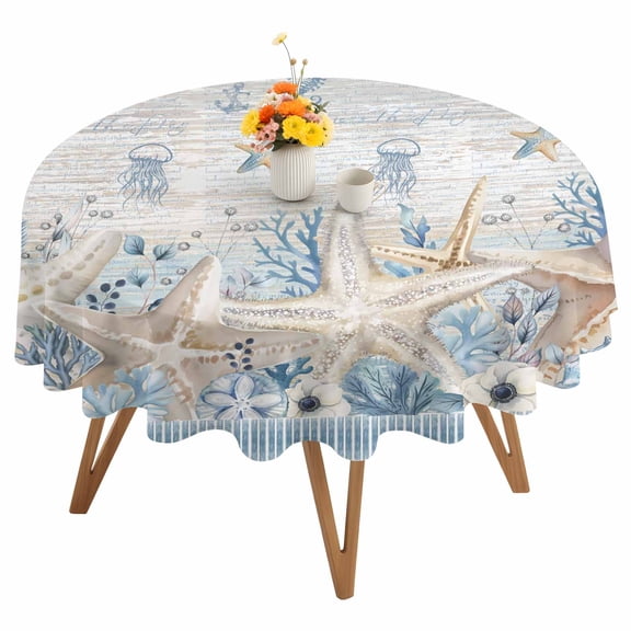 Sea Stars Shell Round Tablecloth 54 inches Retro Sea Stars Jellyfish Floral Beige Stripes Waterproof Oil-Proof Table Cloth Round Table Cover for Holiday Party Picnic Dinner Decor Indoor Outdoor Use