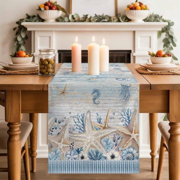 Sea Stars Shell Table Runner, Retro Sea Stars Jellyfish Floral Beige Stripes Cotton Linen Kitchen Table Decoration Washable Dining Tabletop Runners for Home Party Decor 13x36 Inches