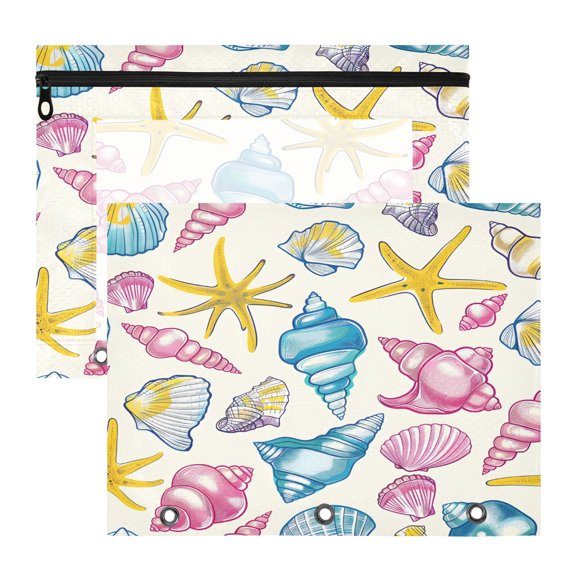 Sea Stars Shells A4 Pencil Pouch 3 Ring Zipper Pencil Pouches Pencil Case for Binder Cosmetic Bag 2 Pack