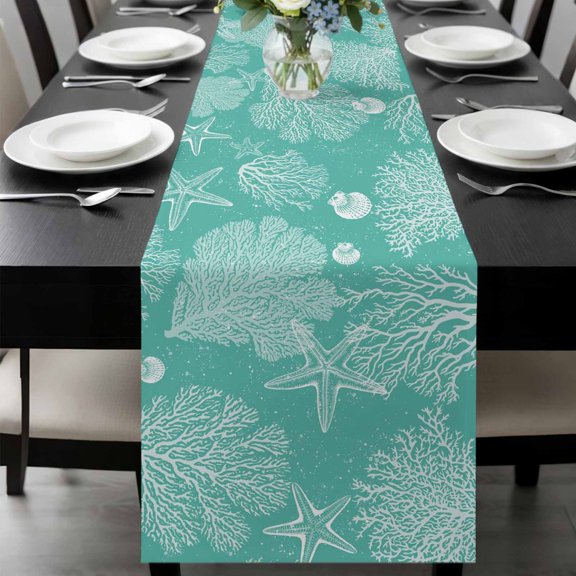 Sea Stars Table Runner, Retro Corals Shells Sea Stars Mint Green Washable Cotton-linen Table Runners Dining Kitchen Decoration for Everyday Home Wedding Party Decor, 13 x 36 Inch