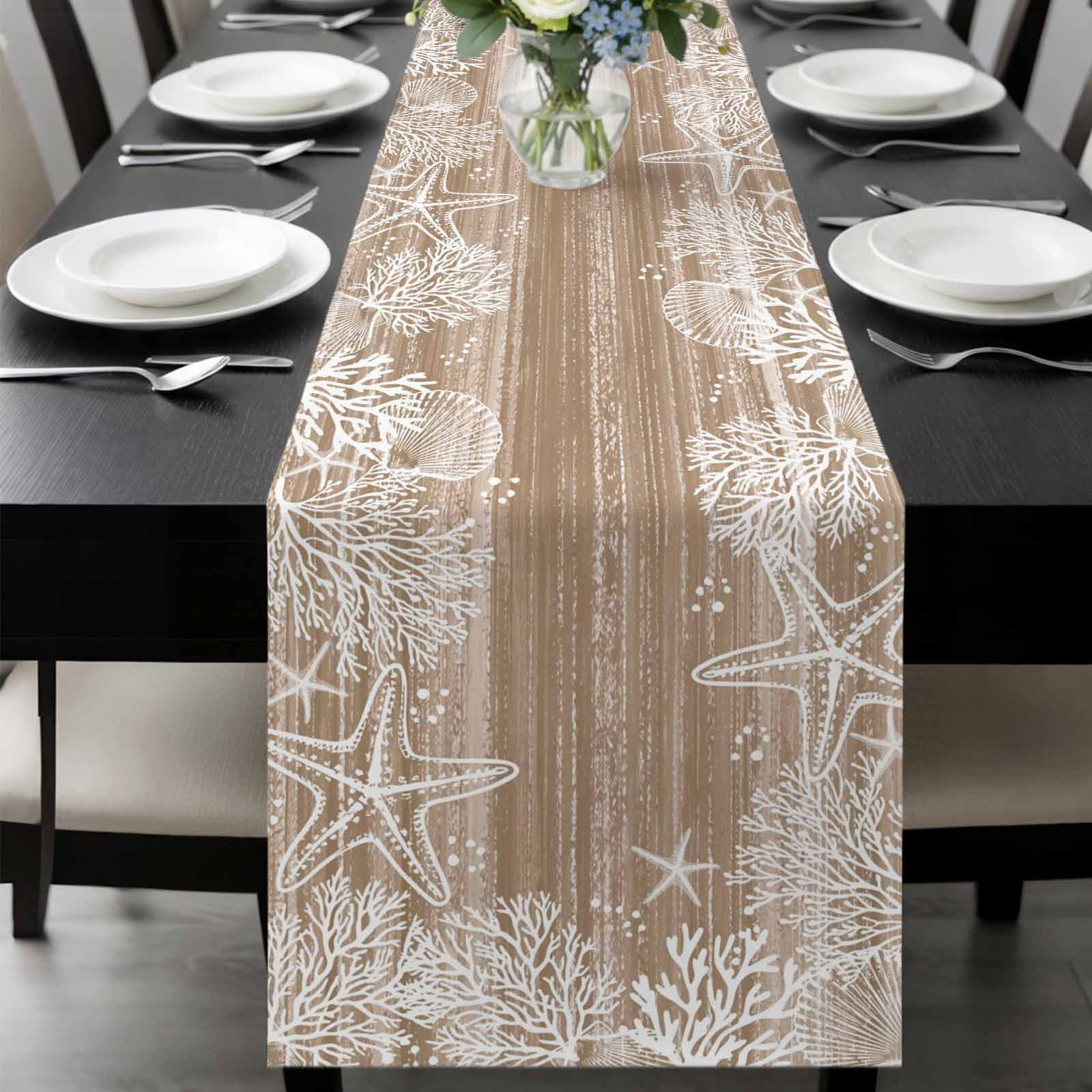 Sea Stars Table Runner, Summer Beach Sea Star Coral Brown Texture Washable Cotton-linen Table Runners Dining Kitchen Decoration for Everyday Home Wedding Party Decor, 13 x 120 Inch
