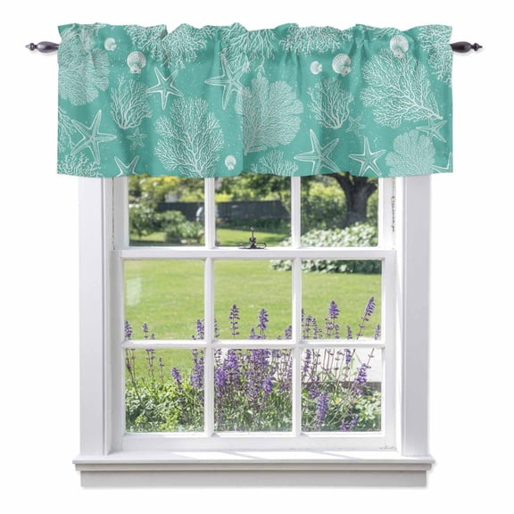 Sea Stars Valance Curtain for Windows Retro Corals Shells Sea Stars Mint Green Rod Pocket Curtain Valances Short Window Treatments Panels for Kitchen Bathroom Laundry Room Basement 60 x 18 Inch