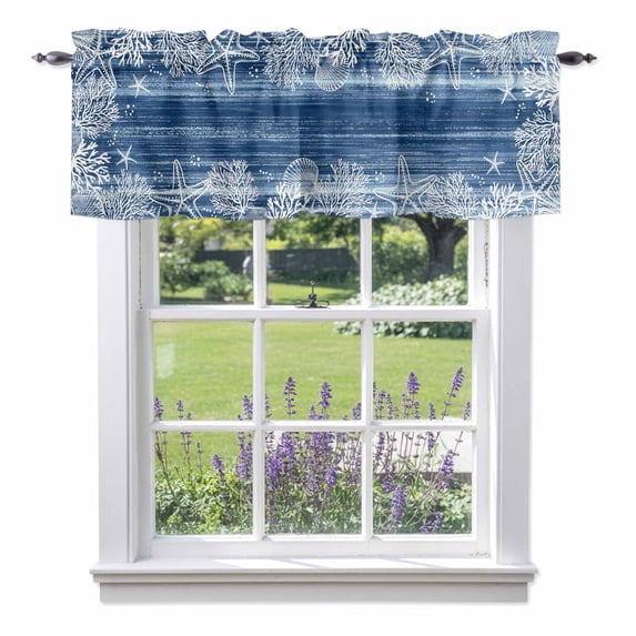 Sea Stars Valance Curtain for Windows Summer Beach Sea Star Coral Navy Blue Texture Rod Pocket Curtain Valances Short Window Treatments Panels for Kitchen Bathroom Laundry Room Basement 54 x 18 Inch