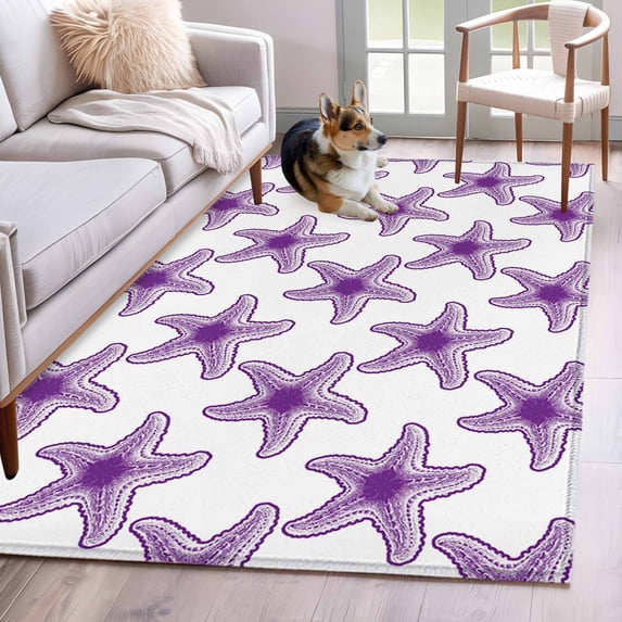 Sea Stars Washable Area Rugs 4'x6', Summer Watercolor Purple Sea Stars Low Pile Throw Living Room Rug Non-Slip Sturdy Edge Binding Carpet for Indoor Entryway Bedside Kitchen
