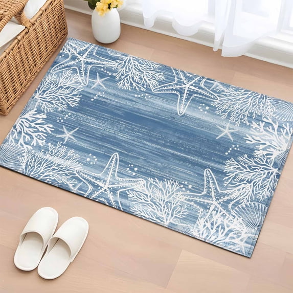 Sea Stars Washable Small Entryway Area Rugs 2'x3', Summer Beach Sea Star Coral Light Blue Texture Low Pile Throw Rug Non-Slip Sturdy Edge Binding Carpet for Front Door Floor Room Entry