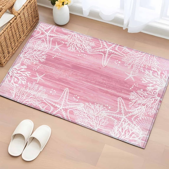 Sea Stars Washable Small Entryway Area Rugs 2'x3', Summer Beach Sea Star Coral Pink Texture Low Pile Throw Rug Non-Slip Sturdy Edge Binding Carpet for Front Door Floor Room Entry