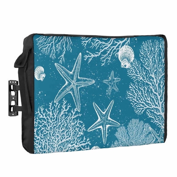 Sea Stars Waterproof Outdoor TV Cover, Retro Corals Shells Sea Stars Teal Blue Outside Weatherproof TV Enclosures for 80 to 85 Inch LCD Television Shield Flat Screen Protectors