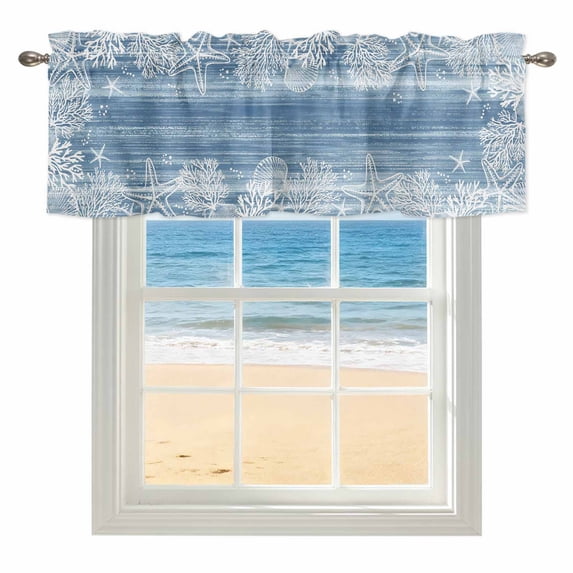 Sea Stars Window Valance for Kitchen, Summer Beach Sea Star Coral Light Blue Texture Rod Pocket Short Curtain for Small Windows, Light Filtering Decorative Valance, 42 x 18 Inch