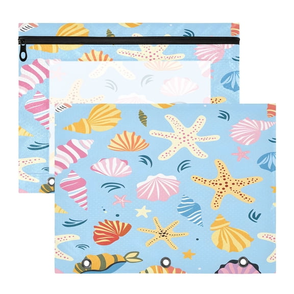 Sea Stars and Shells A4 Pencil Pouch 3 Ring Zipper Pencil Pouches Pencil Case for Binder Cosmetic Bag 2 Pack