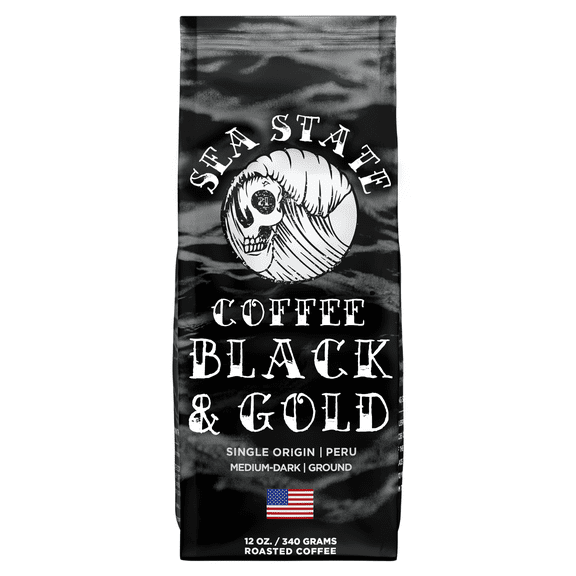 Sea State Coffee Black and Gold, Single Origin Peru, Ground Coffee, Medium Dark Roast, 12 oz