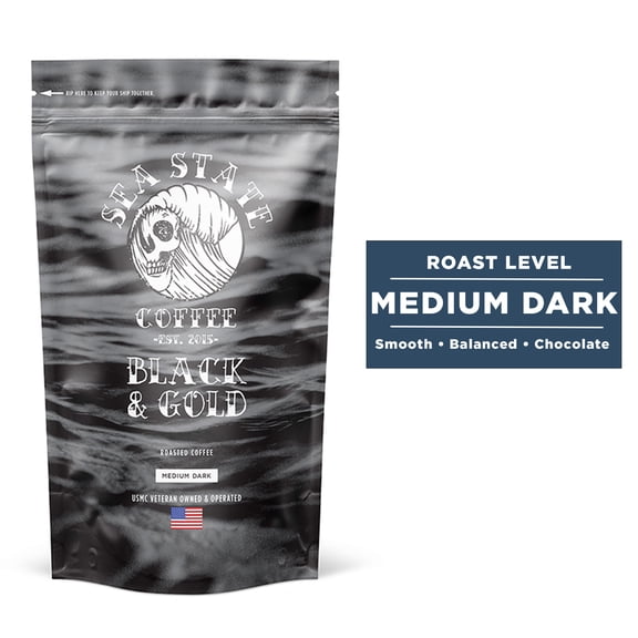 Sea State Coffee Ground Coffee Black and Gold Medium Dark Roast 12oz