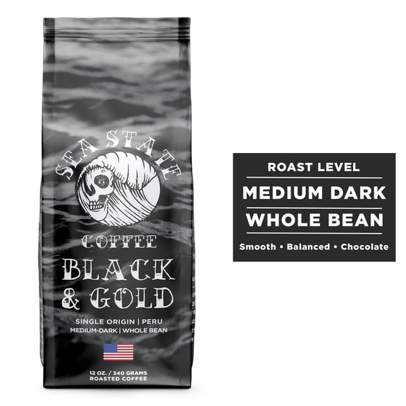 Sea State Coffee Black and Gold, Single Origin Peru, whole bean Coffee, Medium Dark Roast, 12 oz