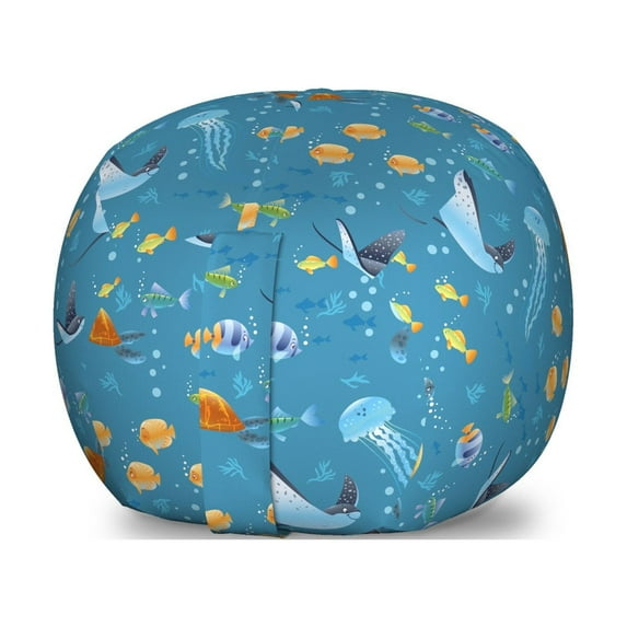 Under the Sea Storage Toy Bag Chair, Cartoon Style Fish Turtle Swimming Underwater Deep Ocean Scene, Stuffed Animal Organizer Washable Bag, Large Size, Sea Blue and Multicolor, by Ambesonne