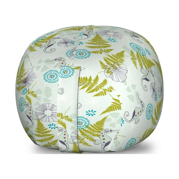 Sea Storage Toy Bag Chair, Natural Theme Seahorses and Fern Patterns Leaves and Seashells, Stuffed Animal Organizer Washable Bag, Small Size, Almond Green Apple Green, by Ambesonne