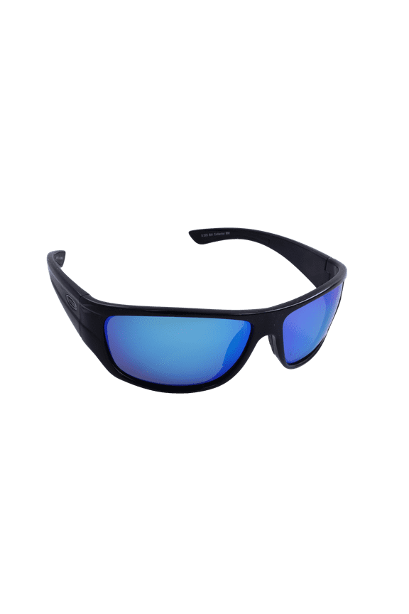 Bill Collector Sports Beach Fishing Mens Polarized Sunglasses Wraparound Black Frame w/Blue Mirror Lens