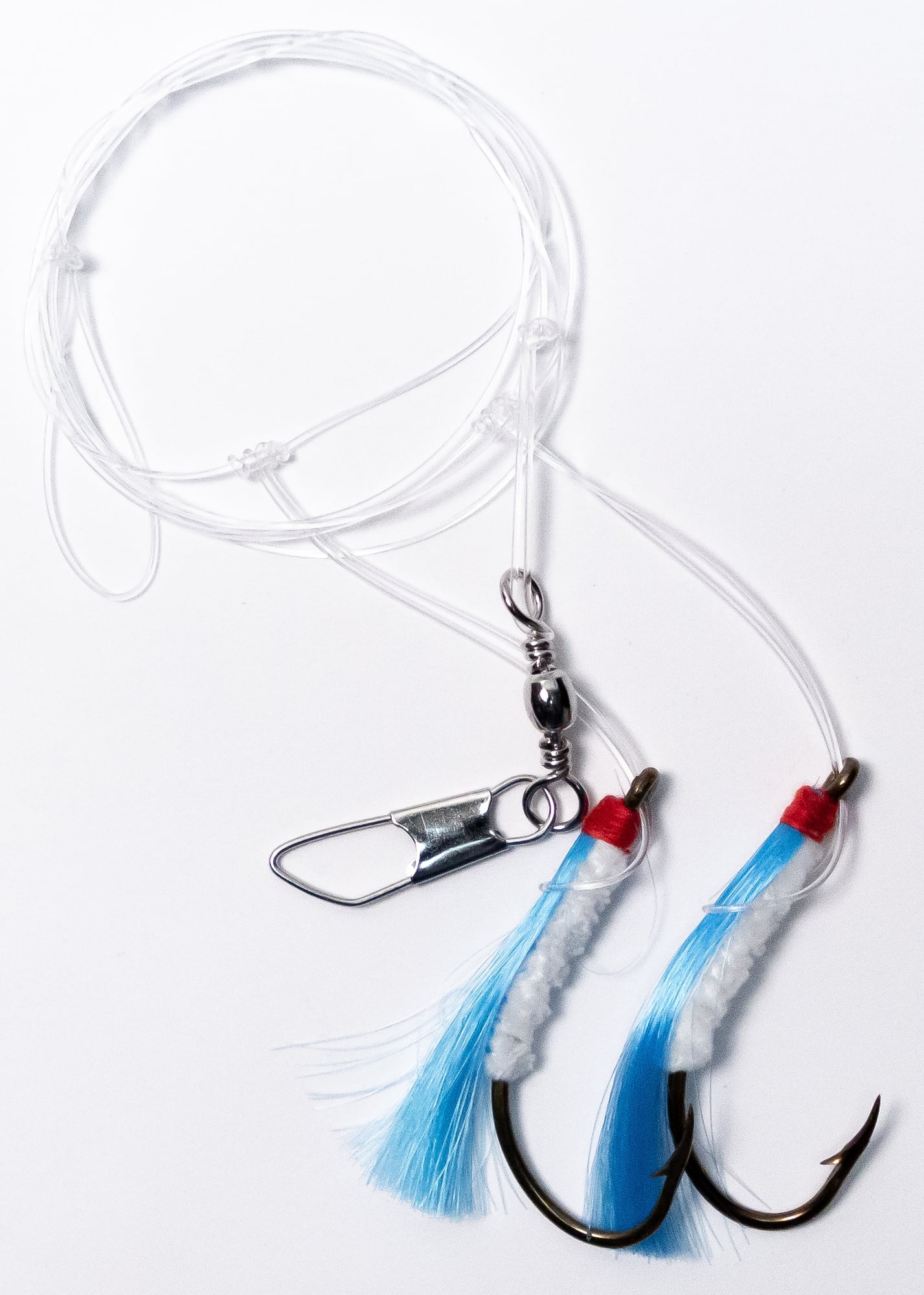 Sea Striker Double-drop Shrimp Fly Fishing Rig, Blue/White Flies, 60# Leader  Line, #7/0 Hooks 