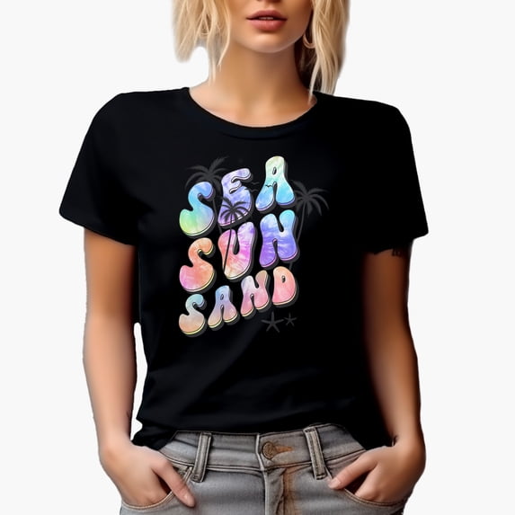 Sea, Sun and Sand, Palm Trees & Starfishes, Tie Dye Art Merch Gift, Black T-Shirt, Medium