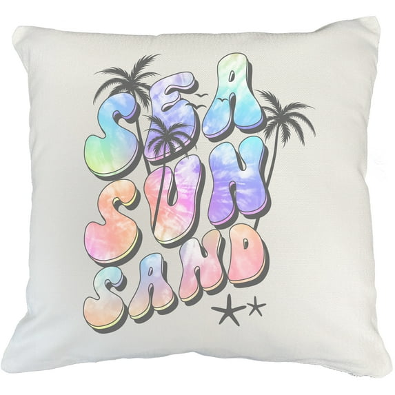 Sea, Sun and Sand with Palm Trees & Starfishes, Tie Dye Art Merch Gift, White Pillow Case 18X18 IN