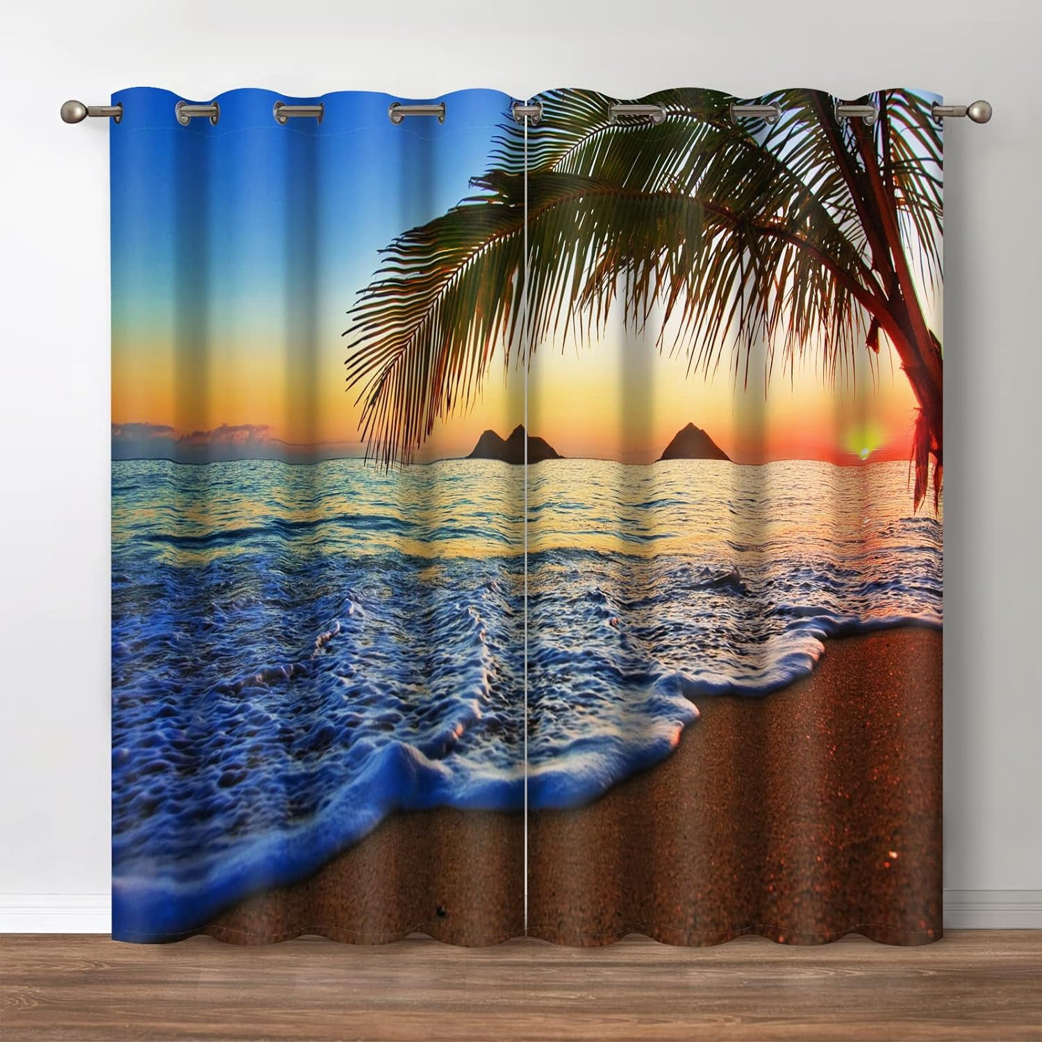 Sea Sunset Blackout Curtains - Tropical Beach Ocean Sunset with Palm Trees Nature Scenery Print Blocking Curtain Decor Home Bedroom Living Room Grommet Window Drapes 2 Panel Set, 42" x 54"