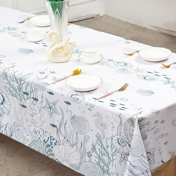 Under The Sea Tablecloth Summer Beach Seashell Coral Table Cover Coastal Ocean Themed Rectangle Table Cloth for Kitchen Dining Table Picnic Decoration Supplies, 60 x 102 Inch