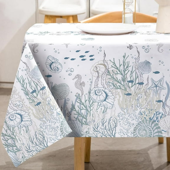 Under The Sea Tablecloth Summer Beach Seashell Coral Table Cover Coastal Ocean Themed Rectangle Table Cloth for Kitchen Dining Table Picnic Decoration Supplies, 60x102 Inch