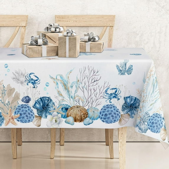Under The Sea Tablecloth Watercolor Beach Coral Seashell Table Cover Tropical Ocean Theme Tablecloth for Kitchen Dining Table Picnic Decoration Supplies, 60 x 102 Inch