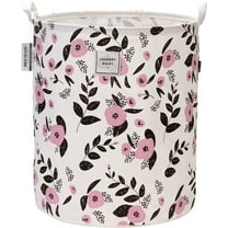 Sea Team 19.7 x 15.7 Inches Large Sized Folding Cylindric Canvas Fabric Laundry Hamper Storage Basket with Floral Pattern, Pink & Black
