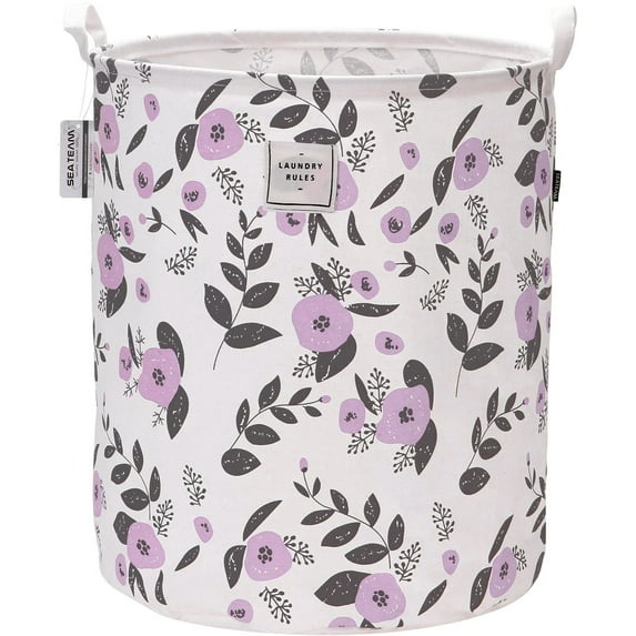 Sea Team 19.7 x 15.7 Inches Large Sized Folding Cylindric Canvas Fabric Laundry Hamper Storage Basket with Floral Pattern, Purple & Grey