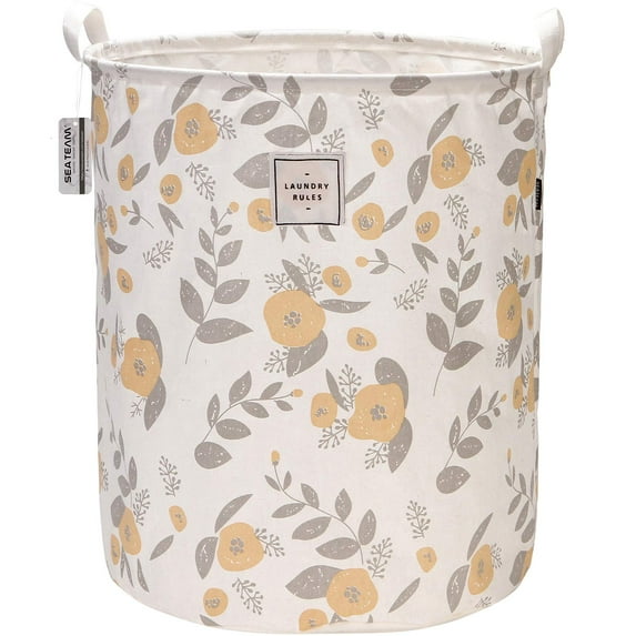 Sea Team 19.7 x 15.7 Inches Large Sized Folding Cylindric Canvas Fabric Laundry Hamper Storage Basket with Floral Pattern, Yellow & Grey