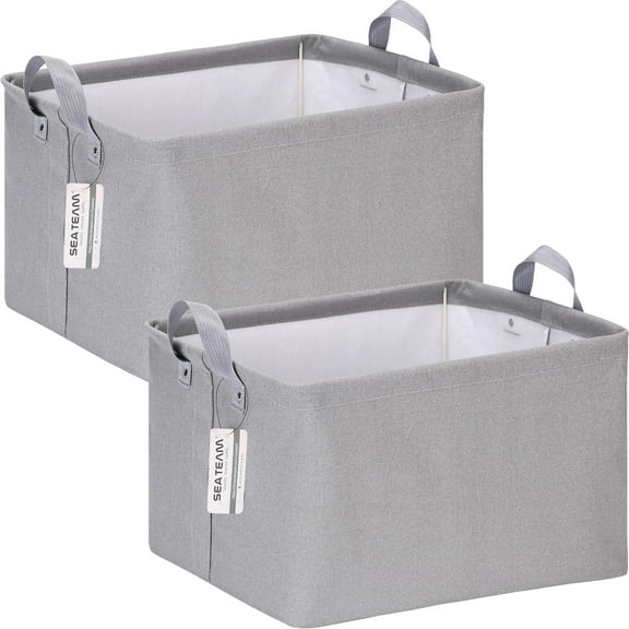 Sea Team 2-Pack Large Canvas Storage Bins for Shelves with Metal Frame, Rectangle Storage Baskets, Closet Organizers, Foldable Laundry Hampers, Containers for Clothing, Blankets, Toys, Grey