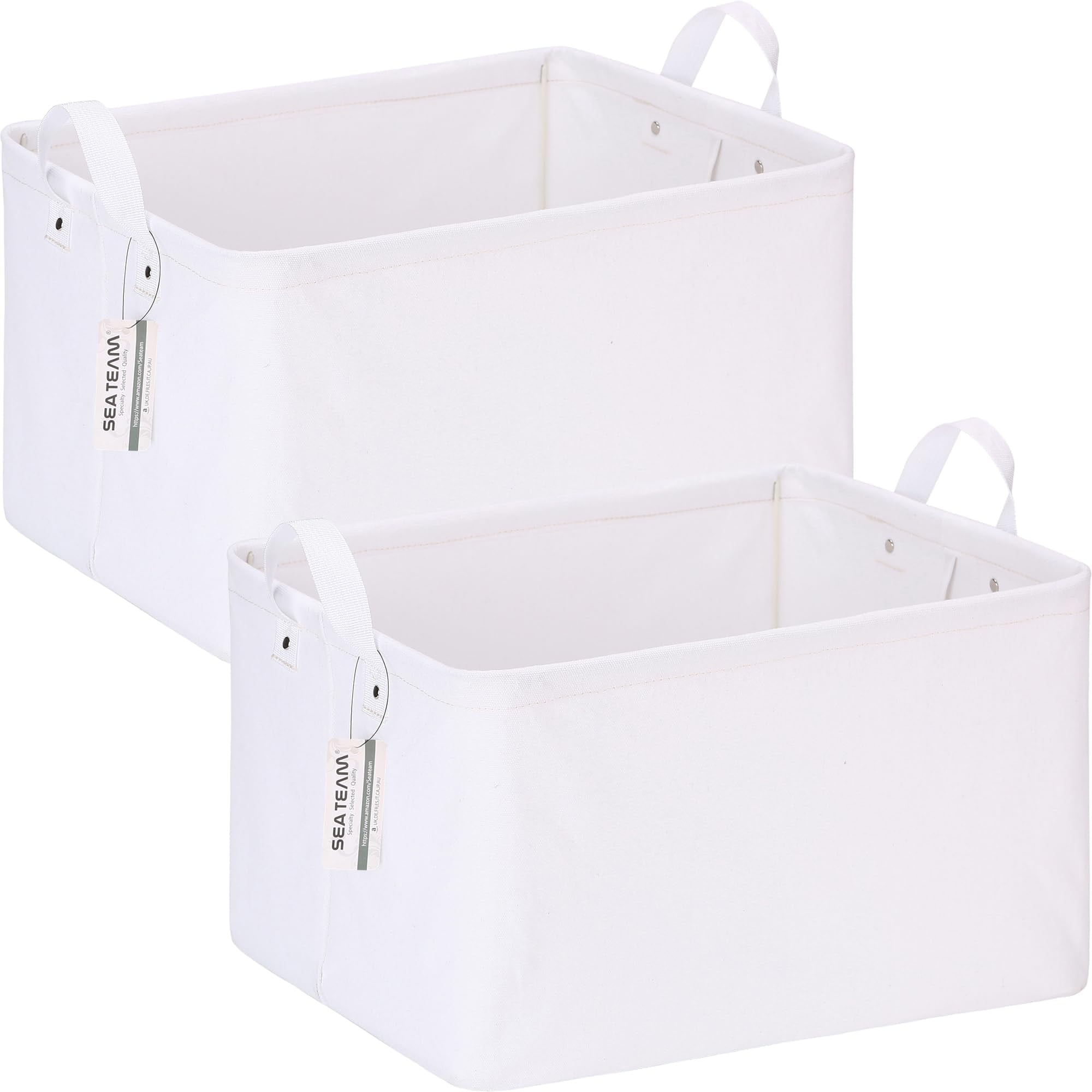 Sea Team 2-Pack Large Canvas Storage Bins for Shelves with Metal Frame, Rectangle Storage Baskets, Closet Organizers, Foldable Laundry Hampers, Containers for Clothing, Blankets, Toys, White