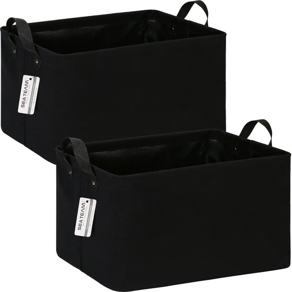 Sea Team 2-Pack Large Canvas Storage Bins for Shelves with Metal Frame, Rectangle Storage Baskets, Closet Organizers, Foldable Laundry Hampers, Containers for Clothing, Blankets, Toys, Black