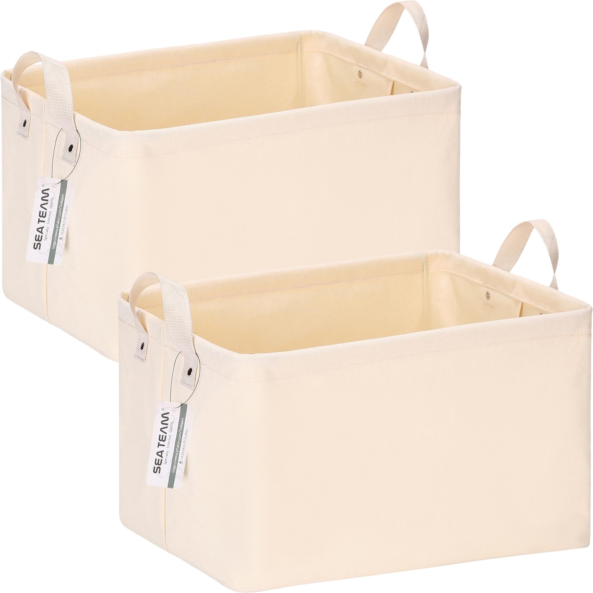 Sea Team 2-Pack Large Canvas Storage Bins for Shelves with Metal Frame, Rectangle Storage Baskets, Closet Organizers, Foldable Laundry Hampers, Containers for Clothing, Blankets, Toys, Cream