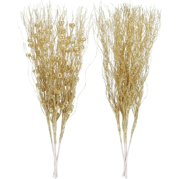 Sea Team 24-Pack Artificial Glitter Berry Stem Ornaments, Decorative Bead Sticks, Glittery Twigs, Picks, Branches for Christmas Tree, Small Vase, Holiday, Wedding, Party (15 Inches, Gold)